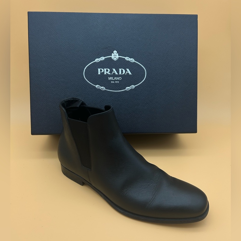 Prada Men's Saffiano Leather Chelsea Boots -Original Box & Shoe Covers Included!